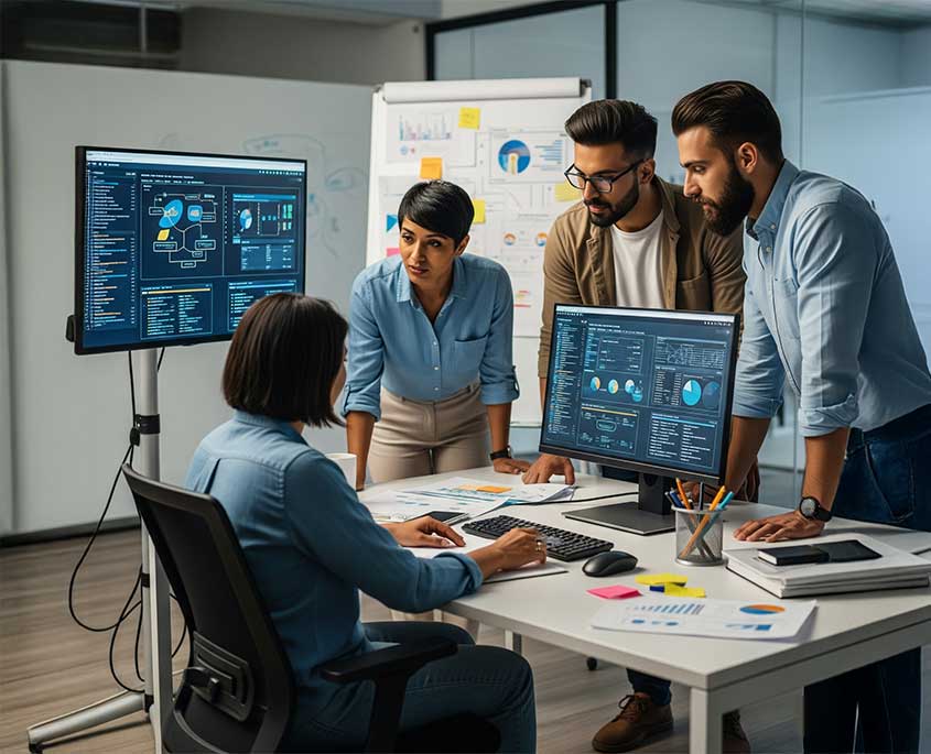 Four professionals collaborate around computers displaying data, charts, and project dashboards, indicative of data-driven project management consulting.