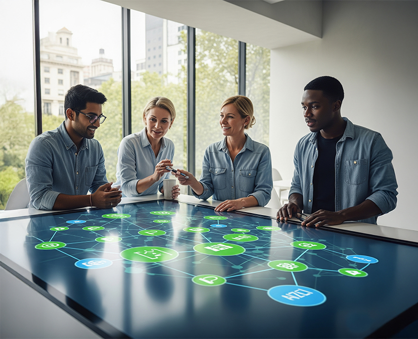 Four professionals collaborate around an interactive table displaying sustainability and process icons.