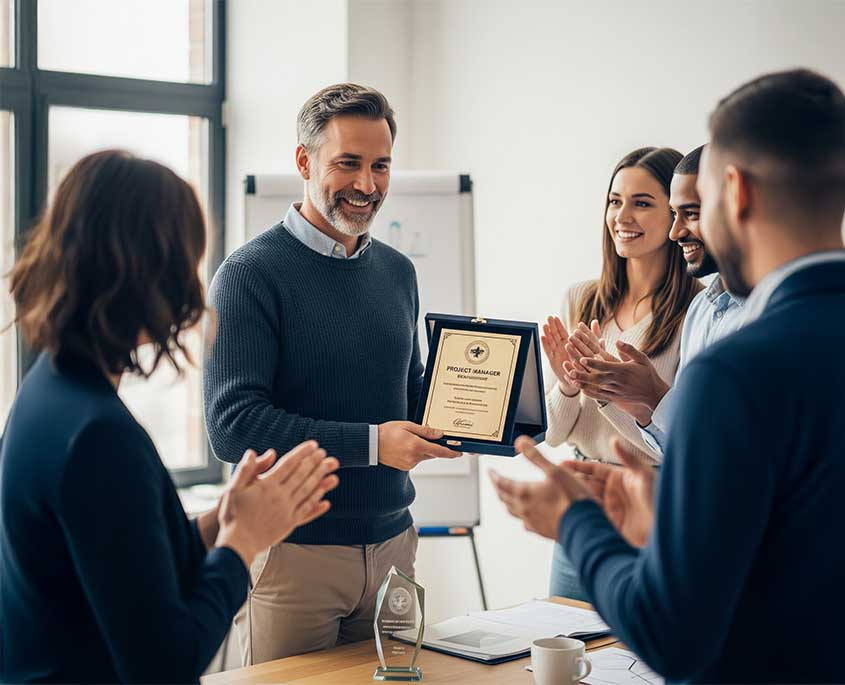 A smiling man in a blue sweater receives a framed "PROJECT MANAGER" award from an unseen person, while several colleagues enthusiastically applaud him in a modern office setting.