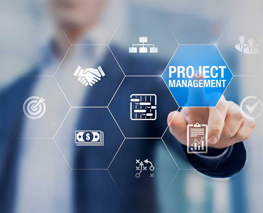 A hand points to a 'PROJECT MANAGEMENT' icon within a connected hexagonal network of business and workflow symbols, representing seamless integration.