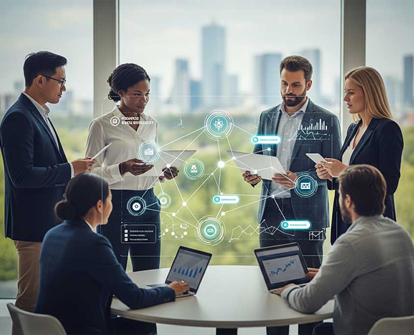 A team of five professionals collaborating around a glowing network diagram, indicative of developing a sustainability roadmap.