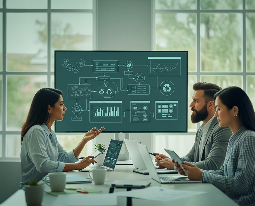 A group of three business professionals in a meeting room discussing a flowchart on a large monitor, which includes a recycling symbol, indicating sustainable process integration.