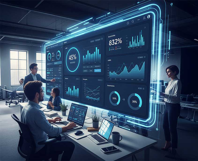 Professionals in a modern office analyzing complex data dashboards and charts on large digital screens, representing the power of data analytics.