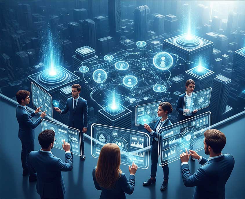 Professionals interacting with holographic screens overlaid on a cityscape, representing integrated business and sustainable systems.