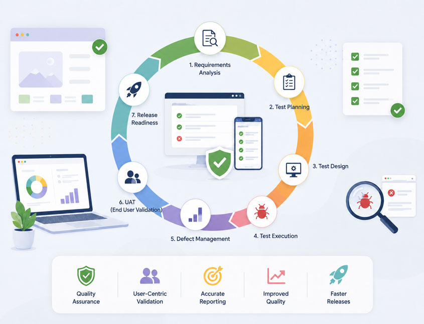 QA and UAT support process showing requirement understanding, test planning, test execution, defect logging, retesting, UAT, and release readiness