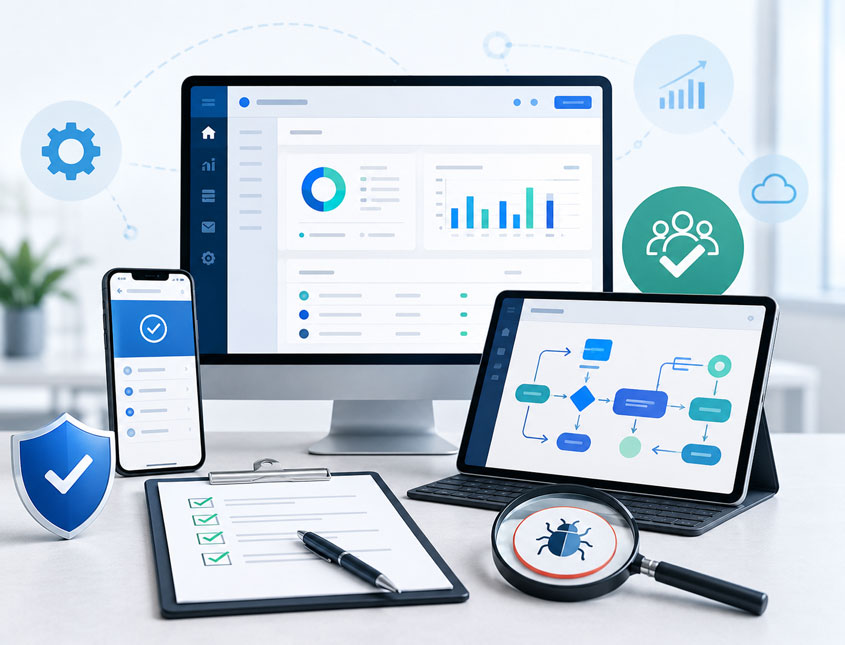 Business application testing setup showing web, mobile, workflows, dashboards, checklists, and release validation