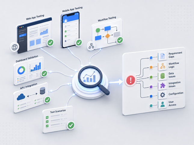 Testing coverage and root cause analysis showing web app testing, mobile testing, workflow validation, integration issues, data issues, and user access checks