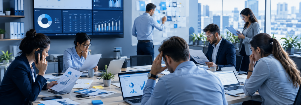 Busy business team reviewing reports and dashboards while working to improve growth through better processes, automation, and operational efficiency.