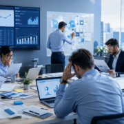 Busy business team reviewing reports and dashboards while working to improve growth through better processes, automation, and operational efficiency.