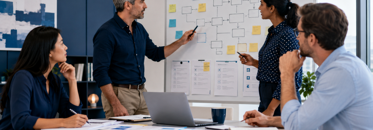 Business team reviewing workflow steps before AI automation rollout