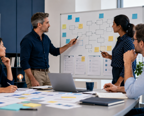 Business team reviewing workflow steps before AI automation rollout